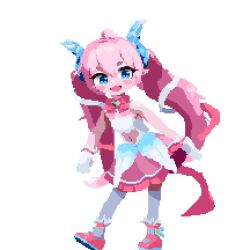 Rule 34 | 1girl, animated, bare arms, blue bow, blue eyes, blush, bow, chibidoki (vtuber), child, dancing, female focus, full body, gloves, indie virtual youtuber, looking at viewer, open mouth, pink hair, pink skirt, pink tail, pixel art, shirokuro (oyaji), simple background, skirt, solo, standing, tagme, tail, thighhighs, twintails, video, virtual youtuber, white background, white gloves, white thighhighs