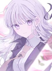 Rule 34 | 1girl, alternate hairstyle, black jacket, black ribbon, blurry, blurry foreground, breasts, brown necktie, closed mouth, collared shirt, danganronpa: trigger happy havoc, danganronpa (series), highres, jacket, kirigiri kyoko, large breasts, long hair, necktie, open clothes, open jacket, pink hair, pote (pote 39), ribbon, shirt, smile, solo, upper body, white shirt, zipper pull tab