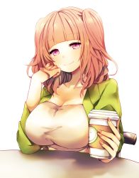 Rule 34 | 1girl, absurdres, blunt bangs, breasts, chair, cleavage, closed mouth, coffee cup, cup, disposable cup, green jacket, hand on own chin, highres, holding, holding cup, houzuki ringo, ikinokore! shachiku-chan, jacket, large breasts, looking at viewer, medium breasts, nail polish, open clothes, open jacket, purple eyes, senpai-san (ikinokore! shachiku-chan), shirt, simple background, sitting, smile, solo, table, two side up, upper body, wavy hair, white background, white shirt
