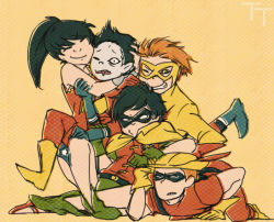 Rule 34 | 1girl, 4boys, ankle lace-up, aqua lad, aquaman (series), arrow (projectile), batman (series), black hair, blue footwear, boots, cape, colored skin, cross-laced footwear, dc comics, dick grayson, domino mask, donna troy, flash (series), flats, garth, gloves, green arrow (series), green footwear, grey skin, hat, kid flash, kyuura-jii, mask, multiple boys, orange hair, pixie boots, quiver, red footwear, robin (dc), roy harper, shoes, smile, speedy, superhero costume, teen titans, wally west, wonder girl, wonder woman (series), yellow footwear, aged down