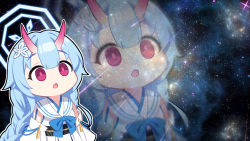 Rule 34 | 1girl, ajifurai, blue archive, blue hair, chise (blue archive), commentary request, detached sleeves, empty eyes, hair ornament, halo, highres, horns, japanese clothes, long hair, meme, oni horns, open mouth, sky, solo, space, space cat (meme), star (sky), starry sky