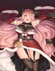 Rule 34 | 1girl, arms up, black gloves, black leotard, black thighhighs, blue eyes, bow, bright pupils, detached sleeves, draph, dress, fur trim, garter straps, gloves, gooak, granblue fantasy, hair bow, hair spread out, highres, holly, horns, leotard, leotard under clothes, long hair, low-tied long hair, lying, narmaya (granblue fantasy), narmaya (holiday) (granblue fantasy), on back, open mouth, pink hair, santa dress, smile, snowman hair ornament, solo, thighhighs, very long hair