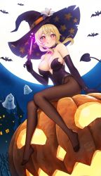 Rule 34 | 1girl, :q, artist name, bare shoulders, bat (animal), black choker, black gloves, black hat, blonde hair, breasts, brown pantyhose, choker, cleavage, closed mouth, elbow gloves, flower, fukuro daizi, full moon, genshin impact, ghost, gloves, halloween, hat, highres, holding, holding wand, jack-o&#039;-lantern, looking at viewer, lumine (genshin impact), medium breasts, moon, night, night sky, pantyhose, short hair, signature, sitting, sky, solo, tongue, tongue out, twitter username, wand, witch hat, yellow eyes
