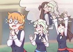 Rule 34 | 3girls, blonde hair, blue eyes, blush, brown eyes, brown hair, diana cavendish, flying sweatdrops, fourth wall, glasses, gradient hair, grin, own hands clasped, kagari atsuko, kiss, little witch academia, lotte jansson, luna nova school uniform, multicolored hair, multiple girls, open mouth, orange hair, own hands together, shipping (fandom), school uniform, smile, thought bubble, usbgrumble, yuri