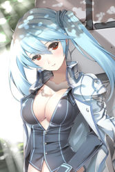 Rule 34 | 1girl, blue hair, breasts, cleavage, jacket, large breasts, long hair, lowres, luthica preventer, open clothes, open shirt, red eyes, shirt, sword girls, tama (tamatamo), twintails