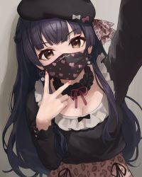Rule 34 | 1girl, animal print, arm up, beige background, beret, black bow, black hair, black hat, black shirt, blunt bangs, bow, braid, breasts, brown eyes, cleavage, commentary request, covered mouth, drop shadow, french braid, hair ribbon, hat, idolmaster, idolmaster shiny colors, leaning forward, leopard print, long hair, looking at viewer, mask, mayuzumi fuyuko, medium breasts, mouth mask, nail polish, pink nails, ribbon, selfie, shirt, simple background, skirt, solo, suketoudara (artist), upper body, v, wall