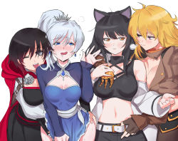 Rule 34 | 4girls, :3, animal ears, belt, black hair, blake belladonna, blonde hair, blush, grabbing another&#039;s breast, breasts, cat ears, cleavage, commentary request, dress, dress tug, grabbing, groping, highres, implied fingering, looking at another, multicolored hair, multiple girls, negresco, prosthesis, prosthetic arm, red hair, revision, ruby rose, rwby, silver hair, simple background, smile, tiara, two-tone hair, undressing, weiss schnee, yang xiao long, yuri