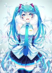 Rule 34 | 1055, 1girl, arms behind back, bare shoulders, blue eyes, blue hair, clothes, collar, detached sleeves, feathers, female focus, gradient background, hatsune miku, highres, long hair, looking at viewer, necktie, open mouth, pleated, pleated skirt, shirt, skirt, sleeveless, sleeveless shirt, smile, solo, thighhighs, twintails, vocaloid, white wings, wings, zettai ryouiki