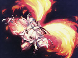 Rule 34 | 1girl, element bender, female focus, fiery wings, fire, fujiwara no mokou, long hair, ribbon, solo, tdk, touhou, white hair, wings