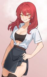 Rule 34 | 1girl, alternate hair length, alternate hairstyle, belt, black bra, black skirt, black thighhighs, bra, breasts, cleavage, collared shirt, commentary, cowboy shot, dress shirt, gradient background, hand on own hip, heterochromia, highres, hololive, houshou marine, houshou marine (businesswoman), long hair, looking at viewer, medium breasts, miniskirt, nokaa aru, official alternate costume, open clothes, open shirt, parted lips, pink background, red eyes, red hair, shirt, shirt tucked in, short sleeves, side slit, simple background, skirt, smile, solo, sports bra, standing, thighhighs, underwear, virtual youtuber, wing collar, yellow eyes
