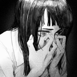 Rule 34 | 1girl, @ @, black background, blunt bangs, close-up, collared shirt, covering own mouth, crying, expressionless, eyebrows, female focus, film grain, from side, greyscale, hands on own face, hands up, highres, hisarakanoi, long hair, medium hair, mind control, mismatched pupils, monochrome, nico robin, nose, one piece, portrait, sad, shirt, simple background, solo, sweat, tearing up, tsurime, white shirt