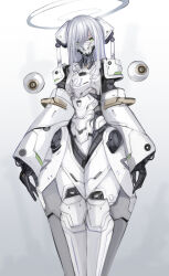 Rule 34 | 1girl, absurdres, aokuma (yuuran create), armor, arms at sides, drone, green eyes, grey background, halo, head tilt, headgear, highres, long hair, looking at viewer, mask, mecha musume, mouth mask, original, power armor, science fiction, solo, white hair