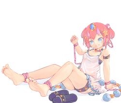 Rule 34 | 1girl, accessories, anklet, armpits, babydoll, bare legs, barefoot, blue eyes, chaosexceed, collarbone, dot nose, hair ornament, hand up, head tilt, headdress, highres, horns, jewelry, looking at viewer, necklace, original, red hair, ribbon, sandals, unworn sandals, see-through, see-through shirt, sitting, smile, soles, spaghetti strap, star (symbol), star hair ornament, star print, swimsuit, toes, transparent, twintails, wrist ribbon