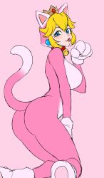 Rule 34 | 1girl, :3, animal ears, animal hands, ass, bell, blonde hair, blue eyes, blush, bodysuit, breasts, cat ears, cat peach, cat tail, collar, crown, earrings, highres, jewelry, kimleon, kneeling, large breasts, licking, looking back, mario (series), nintendo, princess peach, sidelocks, smile, super mario 3d world, tail, thighs, tongue, tongue out