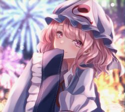 Rule 34 | 1girl, blue hat, blue kimono, blurry, blurry background, closed mouth, commentary request, covering own mouth, fireworks, hat, head tilt, highres, japanese clothes, kimono, long sleeves, looking at viewer, medium hair, mob cap, neck ribbon, pink eyes, pink hair, red ribbon, ribbon, saigyouji yuyuko, shiranui (wasuresateraito), smile, solo, touhou, triangular headpiece, upper body, wide sleeves