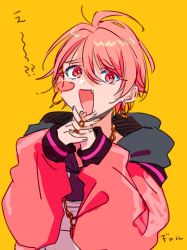 Rule 34 | 1boy, blush, earrings, fang, happy, highres, jewelry, long sleeves, male focus, maruyama reo, necklace, open mouth, paradox live, pink eyes, pink hair, ring, shirota69, short hair, sketch, smile, solo, translation request, yellow background