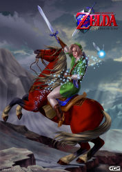 Rule 34 | 1boy, absurdres, brown hair, epona, fairy, fine art parody, ggg (gonzalogallianoniz), highres, horse, hylian shield, instrument, light particles, link, master sword, napoleon crossing the alps, navi, nintendo, ocarina, parody, riding, shield, shield on back, sword, the legend of zelda, the legend of zelda: ocarina of time, weapon