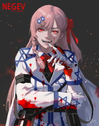 Rule 34 | 1girl, bad id, bad pixiv id, black background, blazer, blood, blood on clothes, blood on face, bow, braid, character name, english text, evil smile, finger to mouth, girls&#039; frontline, gloves, glowing, hair ornament, hairclip, hexagram, jacket, long hair, long sleeves, negev (girls&#039; frontline), one side up, pink hair, red bow, red eyes, signature, single braid, smile, solo, star of david, taesi, very long hair, white gloves