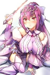 Rule 34 | 1girl, absurdres, boots, breasts, cleavage, commentary request, dress, fate/grand order, fate (series), frown, fur-trimmed dress, fur trim, hair between eyes, headpiece, highres, holding, holding wand, impossible clothes, kneeling, large breasts, looking at viewer, purple dress, purple hair, red eyes, samoore, scathach (fate), scathach skadi (fate), scathach skadi (third ascension) (fate), simple background, solo, thigh boots, thighhighs, tiara, wand, white background