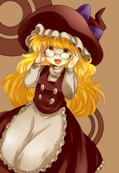 Rule 34 | 1girl, :d, adjusting eyewear, apron, bad id, bad pixiv id, bespectacled, blonde hair, buttons, female focus, glasses, hammer (sunset beach), hat, highres, kirisame marisa, long hair, long sleeves, open mouth, simple background, smile, solo, touhou, waist apron, witch, witch hat, yellow eyes