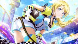 Rule 34 | 1girl, aqua gloves, artist request, asymmetrical gloves, ayase eli, belt, black belt, blonde hair, blue eyes, blue sky, blush, breasts, cleavage, cloud, collarbone, day, earrings, female focus, gloves, hair between eyes, hair ornament, hairclip, helmet, holding, holding helmet, jewelry, leaning forward, long hair, looking at viewer, love live!, love live! school idol festival, love live! school idol festival all stars, love live! school idol project, medium breasts, mismatched gloves, outdoors, pants, parted lips, ponytail, puffy short sleeves, puffy sleeves, racer uniform, shirt, short sleeves, shorts, sky, smile, solo, wheel print, white gloves, white pants, white shirt, white shorts