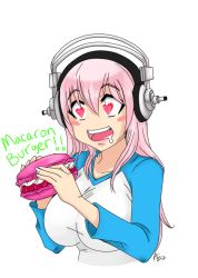 Rule 34 | 1girl, blush, blush stickers, breasts, coffeejelly, deviantart thumbnail, drooling, food, headphones, heart, heart-shaped eyes, heart-shaped pupils, heart iris, image sample, large breasts, long hair, macaron, multicolored clothes, nitroplus, open mouth, pink hair, raglan sleeves, saliva, smile, solo, super sonico, symbol-shaped pupils, teeth