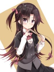 Rule 34 | 1girl, akane souichi, black hair, black jacket, black skirt, blush, bow, bowtie, brown background, brown eyes, brown hair, character request, closed mouth, dress shirt, floating hair, gradient hair, grey vest, hair between eyes, hand fan, highres, holding, holding fan, jacket, layered sleeves, long hair, long sleeves, looking at viewer, multicolored hair, open clothes, open jacket, red bow, red bowtie, shirt, short over long sleeves, short sleeves, side ponytail, skirt, solo, standing, very long hair, vest, white shirt
