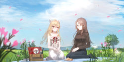 Rule 34 | 2girls, absurdres, barefoot, black legwear, black pants, blanket, blonde hair, blue sky, blurry, blurry foreground, blush, bow, breasts, brown hair, brown sweater, chihuri, closed mouth, cloud, cloudy sky, commentary request, day, depth of field, dress, flower, food, granblue fantasy, hair between eyes, hair bow, highres, katalina (granblue fantasy), long hair, medium breasts, mountain, multiple girls, no shoes, outdoors, pants, parted bangs, parted lips, petals, picnic, picnic basket, pink flower, plate, ponytail, red eyes, ribbed sweater, sandwich, sky, sleeveless, sleeveless dress, smile, socks, sweater, very long hair, vira (granblue fantasy), white bow, white dress, white flower, yuri