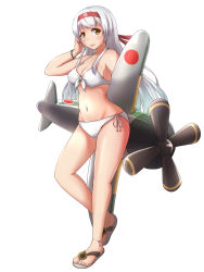 Rule 34 | 10s, 1girl, :d, aircraft, airplane, alternate costume, anklet, bikini, breasts, brown eyes, cleavage, hachimaki, headband, jewelry, kantai collection, long hair, looking at viewer, navel, open mouth, sandals, shoukaku (kancolle), simple background, smile, solo, swimsuit, white background, white bikini, white hair, yukimi unagi