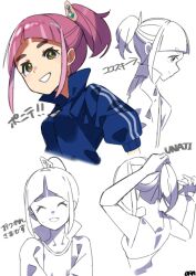 Rule 34 | 1girl, adjusting hair, arched bangs, arrow (symbol), blue shirt, breasts, collared shirt, creatures (company), eyelashes, facing viewer, game freak, grin, hair ornament, hairclip, highres, lacey (pokemon), multiple views, nintendo, ora (oraora oekaki), partially colored, pokemon, pokemon sv, ponytail, popped collar, shirt, smile, teeth, white background