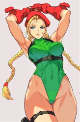 Rule 34 | 1girl, armpits, arms up, bare legs, blonde hair, blue eyes, braid, breasts, cammy white, capcom, covered navel, curvy, green leotard, hat, highleg, highleg leotard, highres, large breasts, legs, leotard, lips, long hair, simple background, street fighter, thick thighs, thighs, twin braids, very long hair, wide hips