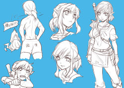 Rule 34 | 1girl, back, backboob, bike shorts, blue background, boned meat, breasts, character sheet, eating, female focus, food, from behind, genderswap, genderswap (mtf), hands on own hips, holding, holding food, link, m88030253, meat, monochrome, nintendo, pointy ears, ponytail, scar, sidelocks, smile, solo, spot color, sword, the legend of zelda, the legend of zelda: breath of the wild, topless, weapon
