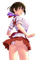 Rule 34 | 1girl, ass, brown hair, commentary request, cowboy shot, employee uniform, flight attendant, from behind, highres, hiryuu (kancolle), kantai collection, looking at viewer, panties, pantyshot, peach (airline), pleated skirt, purple scarf, red skirt, scarf, shirt, short hair, simple background, skirt, solo, standing, travel attendant, underwear, uniform, wa (genryusui), white background, white panties, white shirt