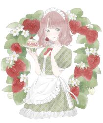 Rule 34 | 1girl, apron, cake, cream, cropped torso, dress, fingernails, flower, food, fork, frilled dress, frills, fruit, green dress, grey eyes, holding, holding food, holding fork, holding plate, leaf, licking lips, light brown hair, light smile, looking at viewer, maid, maid apron, maid headdress, original, pale color, plaid, plaid dress, plate, puffy short sleeves, puffy sleeves, ribbon, short hair, short sleeves, simple background, solo, strawberry, strawberry blossoms, strawberry shortcake, tongue, tongue out, wavy hair, white apron, white background, white flower, white headdress, white ribbon, white strawberry, yuum1709