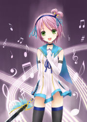 Rule 34 | 1girl, :d, bad id, bad pixiv id, black neckwear, black thighhighs, blue sailor collar, choker, female focus, gloves, gradient background, green eyes, hairband, happy, highres, kanonno earhart, musical note, open mouth, pikusibu, pink hair, sailor collar, short hair, side ponytail, skirt, smile, solo, tales of (series), tales of the world radiant mythology 2, thighhighs, white gloves