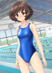 Rule 34 | 1girl, absurdres, akiyama yukari, arms at sides, asics, blue one-piece swimsuit, blurry, blurry background, blush, breasts, brown eyes, brown hair, clothes writing, collarbone, competition swimsuit, cowboy shot, depth of field, embarrassed, emblem, from behind, girls und panzer, gluteal fold, highres, lane line, legs apart, logo, looking at viewer, multiple views, nose blush, one-piece swimsuit, pool, poolside, short hair, small breasts, standing, swept bangs, swimsuit, takafumi, thighs, water, wavy hair