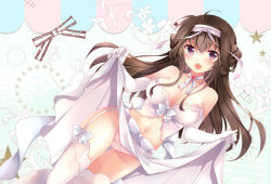 Rule 34 | 10s, 1girl, ahoge, babydoll, bare shoulders, blue eyes, blush, breasts, brown hair, cleavage, elbow gloves, garter straps, gloves, hair ornament, hair ribbon, hairband, ichiyou moka, kantai collection, kongou (kancolle), long hair, looking at viewer, midriff, navel, open mouth, panties, purple eyes, ribbon, smile, solo, thighhighs, underwear