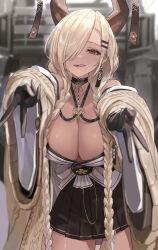Rule 34 | 1girl, azur lane, bare shoulders, black gloves, blonde hair, blush, breasts, choker, cleavage, double v, earrings, gloves, gyaru v, highres, horns, jewelry, large breasts, licking lips, long hair, looking at viewer, mole, mole under mouth, nima (niru54), one eye covered, open mouth, outstretched arms, owari (azur lane), skirt, smile, solo, sweater, thighs, tongue, tongue out, v, very long hair, yellow eyes