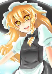 Rule 34 | 1girl, blonde hair, female focus, gradient background, hat, kirisame marisa, merue, skirt, solo, touhou, white background, witch, witch hat, yellow eyes