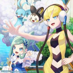 Rule 34 | 2girls, 2others, :d, altaria, aqua hair, arm warmers, armpits, bare shoulders, blonde hair, blue choker, blue eyes, blunt bangs, breasts, center opening, choker, collarbone, commentary request, creatures (company), dress, earrings, elesa (pokemon), emolga, fur trim, game freak, gen 3 pokemon, gen 5 pokemon, green eyes, green hair, groin, hair ornament, hand on own hip, headphones, highres, idol, jewelry, lisia (pokemon), long hair, looking to the side, medium breasts, multiple girls, multiple others, nintendo, official art, one side up, open mouth, outstretched arm, pokemon, pokemon (creature), pokemon bw, pokemon masters ex, pokemon oras, short hair, sidelocks, sleeveless, sleeveless dress, small breasts, smile, standing, swept bangs, upper body, v over eye, watermark, yamanashi taiki, yellow dress