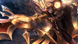 Rule 34 | 1girl, armor, battle, bodysuit, boobplate, breastplate, breasts, brown eyes, deardd, highres, holding, holding spear, holding weapon, large breasts, league of legends, leona (league of legends), orange hair, pauldrons, pelvic curtain, polearm, shield, shoulder armor, signature, spear, standing, sword, tagme, weapon