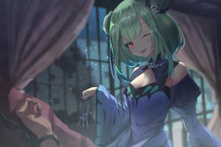 Rule 34 | 1girl, backlighting, bare shoulders, blonde hair, blunt bangs, blurry, blurry background, bow, cuffs, curtains, detached collar, detached sleeves, double bun, dress, frills, hair bow, hair bun, hair ornament, hand up, highres, holding, holding key, hololive, key, long sleeves, looking at viewer, medium hair, one eye closed, open mouth, purple dress, red eyes, sidelocks, skull hair ornament, smile, solo focus, tipto-eb, upper body, uruha rushia, uruha rushia (1st costume), virtual youtuber, wide sleeves