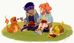 Rule 34 | 1boy, 1girl, :o, :t, aged down, bad id, bad twitter id, black headwear, black shirt, blush, charmander, chiyo (ppp 808), commentary request, creatures (company), curry, dark-skinned male, dark skin, eating, feeding, flame-tipped tail, food, fur-trimmed jacket, fur trim, game freak, gen 1 pokemon, gen 8 pokemon, grass, hair ornament, hat, heart, heart hair ornament, holding, holding plate, hood, hoodie, jacket, leon (pokemon), long sleeves, looking at another, nintendo, open mouth, pants, plate, pokemon, pokemon (creature), pokemon swsh, purple hair, rice, shirt, shoes, shorts, side ponytail, sitting, sonia (pokemon), tongue, yamper, yellow shirt
