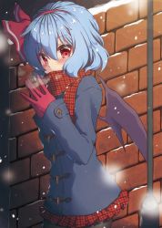 Rule 34 | 1girl, beni kurage, blue coat, blue hair, breath, casual, coat, commentary request, contemporary, duffel coat, gloves, hair ribbon, hairband, looking at viewer, pantyhose, pleated skirt, red eyes, red gloves, red hairband, red ribbon, red scarf, red skirt, remilia scarlet, ribbon, scarf, short hair, skirt, snowing, solo, touhou, wings