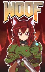 Rule 34 | 1girl, :3, absurdres, animal ears, armor, breastplate, brown eyes, brown hair, closed mouth, commentary, cosplay, doom (2016), doom (series), doomguy, doomguy (cosplay), double barrels, english commentary, gauntlets, gun, hair between eyes, highres, holding, holding gun, holding weapon, imaizumi kagerou, long hair, looking at viewer, majormilk, outline, parody, pauldrons, power armor, red eyes, revision, shotgun, shotgun shell, shoulder armor, smile, solo, title parody, touhou, turtleneck, upper body, v-shaped eyebrows, weapon, wolf ears, wool (miwol) (style)