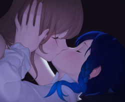 Rule 34 | 1boy, 1girl, abbystea, blue hair, blush, braid, closed eyes, commentary, english commentary, from side, genshin impact, gradient hair, hair between eyes, hands on another&#039;s face, hetero, kiss, light brown hair, lisa (genshin impact), long hair, long sleeves, multicolored hair, parted lips, profile, shirt, upper body, venti (genshin impact), white shirt