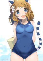 Rule 34 | 1girl, :d, animal ear fluff, animal ears, arms behind head, artist name, blue eyes, blue one-piece swimsuit, brown hair, cat ears, cat tail, commentary request, covered navel, cowboy shot, flower, hair flower, hair ornament, heart, heart print, highres, holding, holding behind back, idolmaster, idolmaster million live!, inoue sora, kemonomimi mode, looking at viewer, medium hair, holding behind back, one-piece swimsuit, open mouth, revision, school swimsuit, signature, smile, solo, standing, striped tail, suou momoko, swimsuit, tail, white background, white flower