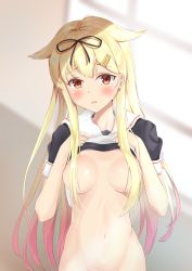 Rule 34 | 1girl, absurdres, black shirt, blonde hair, blush, breasts, clothes lift, floating hair, gradient hair, hair censor, hair over breasts, highres, kantai collection, lifting own clothes, long hair, looking at viewer, medium breasts, multicolored hair, navel, open mouth, pink hair, red eyes, sailor collar, shirt, shirt lift, short sleeves, solo, standing, upper body, very long hair, white sailor collar, yuudachi (kancolle), yuudachi kai ni (kancolle), zuki