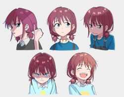 Rule 34 | 1girl, angry, black shirt, blue eyes, blue shirt, closed eyes, closed mouth, collared shirt, commentary, expressions, gganchan, girls band cry, grey background, iseri nina, laughing, multiple views, open mouth, parted lips, pinky out, red hair, shaded face, shirt, short twintails, simple background, smile, twintails, upper body, v-shaped eyebrows