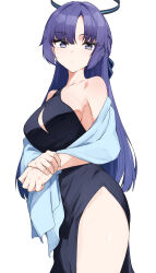 Rule 34 | 1girl, absurdres, alternate costume, bare shoulders, black dress, blue archive, blue shawl, breasts, cleavage, dress, evening gown, half updo, halo, highres, isocha, long hair, looking at viewer, medium breasts, own hands together, purple eyes, purple hair, shawl, simple background, solo, very long hair, white background, yuuka (blue archive)